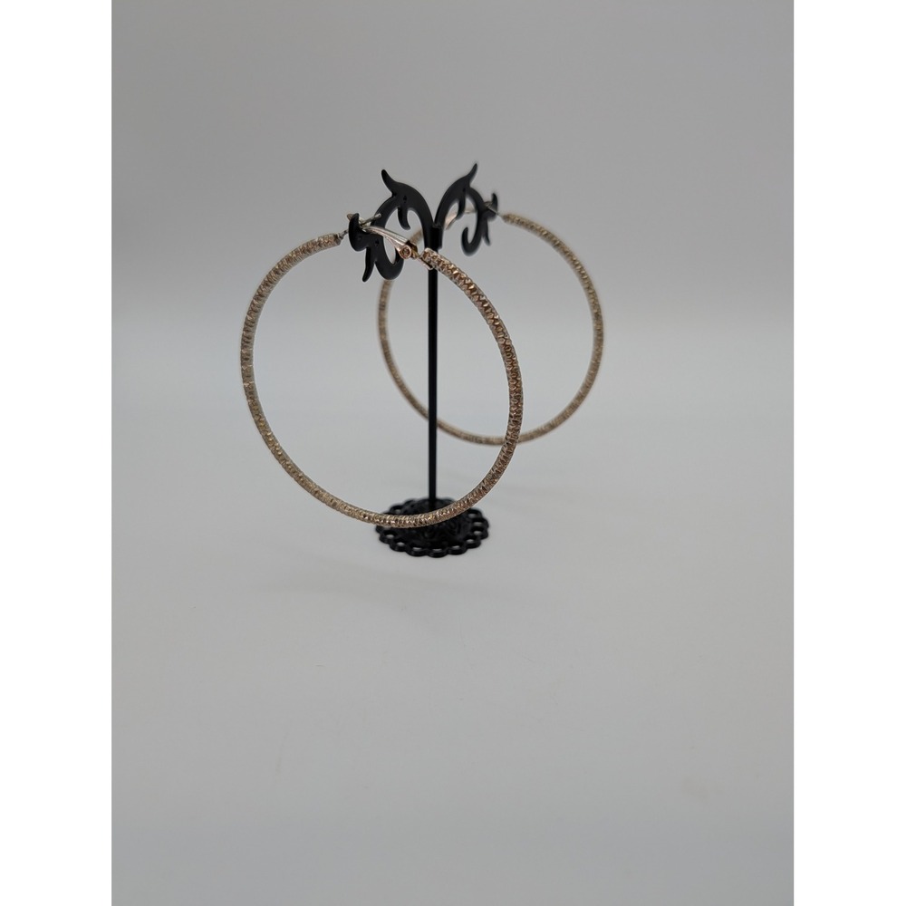Unsigned Large Textured Hoop Earrings Silver Tone 3 Inch Statement Lever Back